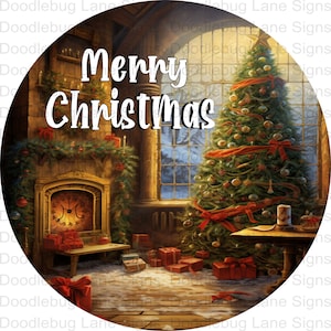 Merry Christmas Wreath Sign - Christmas Tree - Fireplace - Christmas Scene - Round Wreath Sign - Metal Wreath Sign - Doodlebug Lane Signs