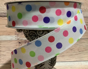 1.5" x 5 Yarda Polka Dot Ribbon-Multi Colored Polka Dots-Wired Ribbon-Birthday Ribbon-All Occasion -Ribbon For Bows, Wreaths And Home Decor