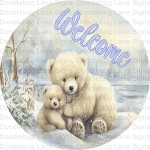 Welcome Polar Bear Wreah Sign - Winter Wreath Sign - Round Wreath Sign - Metal Wreath Sign - Welcome Sign For Wreath