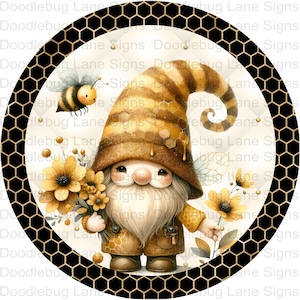 Gnome Wreath Sign - Bee Gnome Sign - Spring Bee Wreath Sign - Round Aluminum Sign