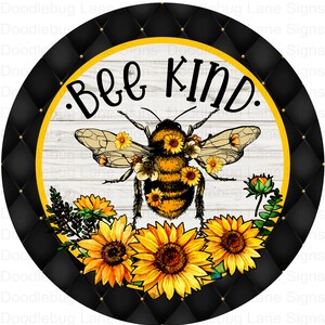 Letrero de corona de abejas - Tipo de abeja - Abejas y girasoles - Letrero de corona redondo negro y amarillo - Letrero de corona de aluminio - Letreros de Doodlebug Lane