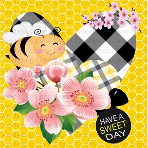 Bee Wreath Sign-Have A Sweet Day-Pink Flowers-Black And White Plaid-Square Wreath Signs Metal Wreath Sign-Doodlebug Lane Signs