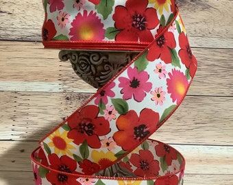 2.5" x 5 Yards Bold And Bright Colored Floral Ribbon- Spring Ribbon - Summer Ribbon - Wired Ribbon - Ribbon For Bows, Wreaths And Home Decor