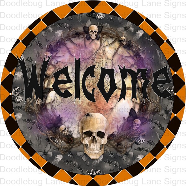 Halloween Welcome Wreath Sign-Skulls-Spiderwebs-Black-Orange And Purple-Spooky Wreath Sign-Round Sign-Metal Wreath Sign-Doodlebug Lane Signs