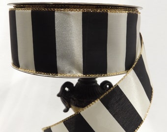 Wired Ribbon - Black and White Striped - Everyday Ribbon -2.5&quot; x 5yd - Floral Decor - Wreath Decor