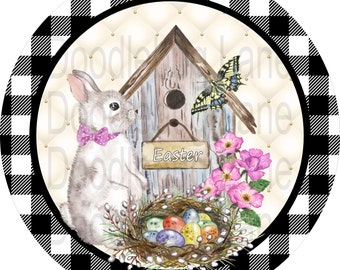 Easter Wreath Sign-Easter Bunny-Birdhouse-Butterflies And Flowers-Metal Wreath Sign-Buffalo Plaid-Doodlebug Lane Signs-Round Sign