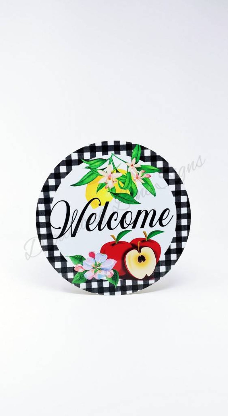 Metal Wreath Sign-Lemon Decor-Apple Decor-Summer Wreath Decor-Welcome Wreath Sign-Buffalo Plaid-Round Sign