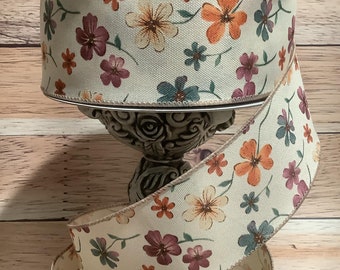 2.5" x 5 Yards Cream Ribbon With Mulit-colored Wildflowers - Wired Ribbon - Spring Flowers - Ribbon For Bows, Wreaths And Home Decor