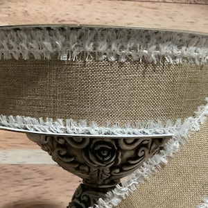 1.5&quot; x 5 Yards Beige Wired Ribbon With White Drift - White Fuzzy Edge - Ribbon For Bows, Wreaths And Home Decor