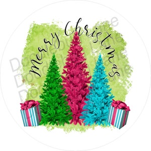 Christmas Wreath Sign - Metal Wreath Sign - Merry Christmas -Multi Colored Christmas Trees- Various Sizes - Doodlebug Lane Signs