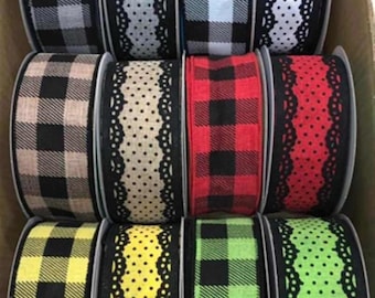 1.5" x 10 yards Assortment Ribbon Box - Box of 12 Assorted Ribbon - Farmhouse Ribbon - Plaid Ribbon - Swiss Dot Ribbon - Wired Edge Ribbon