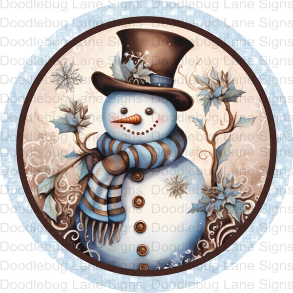 Snowman Wreath Sign - Blue And Brown - Winter Wreath Sign - Round Sign - Metal Wreath Sign - Doodlebu Lane Signs