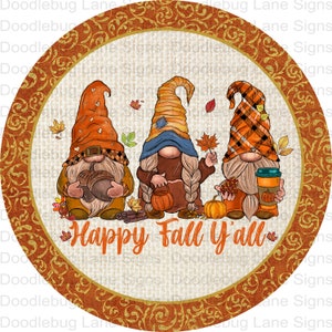 Feliz otoño a todos - Letrero de corona de otoño - Gnomos de otoño - Letrero de corona redonda - Letrero de corona de metal - Letreros de Doodlebug Lane