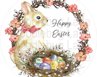 Easter Wreath Sign-Easter Bunny-Happy Easter-Metal Wreath Sign-Round Sign-Grapevine Wreath-Doodlebug Lane Signs-Easter Eggs