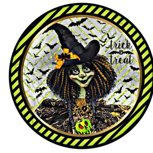 Halloween Wreath Sign-Witch Sign-Metal Wreath Sign-Trick or Treat-Green And Black-Round Sign-Good Witch-Doodlebug Lane Signs-Halloween Candy