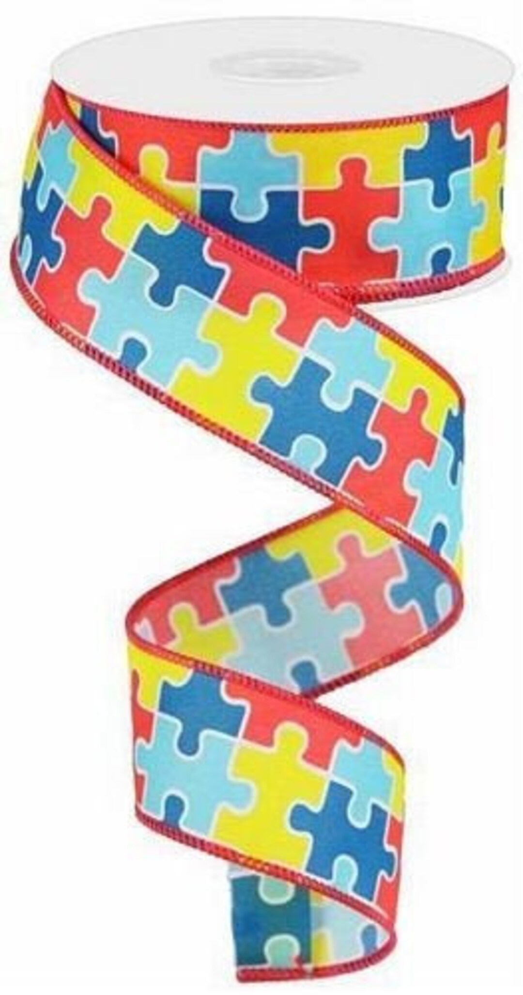 Wired Ribbon Puzzle Pieces Autism Awareness Ribbon 1.5 X 10 Yds
