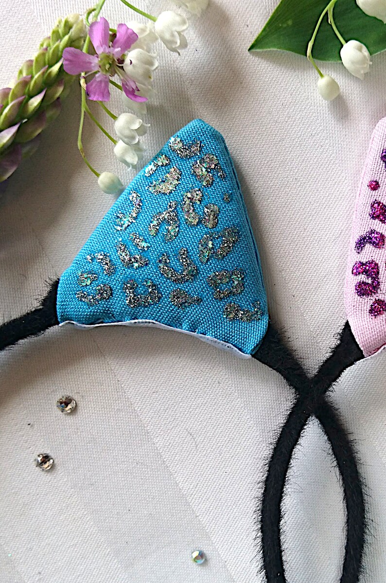 Blue leopard printed catears with silver glitter and rhinestones Summer 2019 Art.no CE-20
