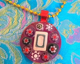 Mahjong Tile Necklace, Red Floral Glass Beads, Gold Chain