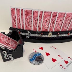 Rhinestone Music Note Canasta Card Rack Set: Wood Card Holder & Dealer Disc