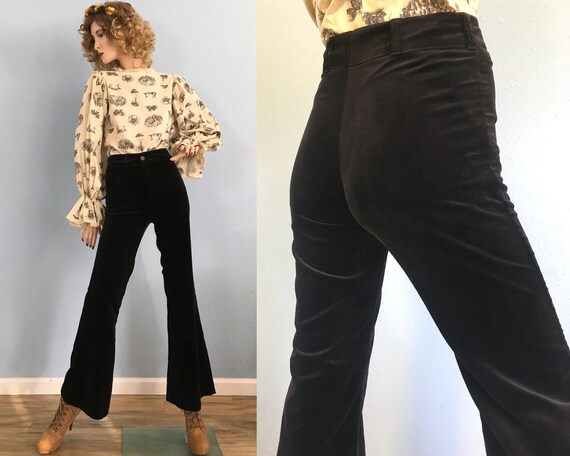 70s Chemin De Fer Black Velvet Bell Bottom Pants -