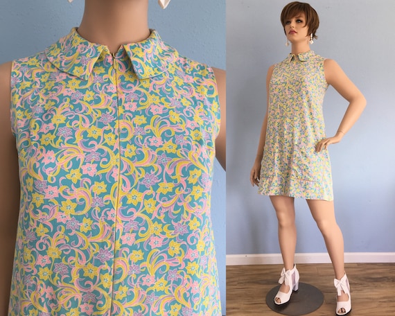 60s Mod Psychedelic Mini Shift Dress - XL Large /