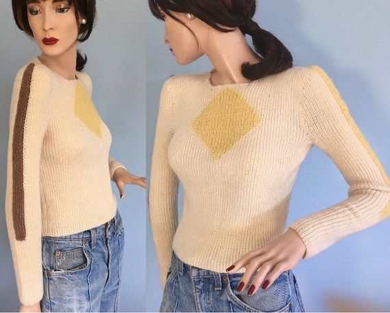 1940s Hand Knit Wool Puff Sleeve Crop Sweater - XS
