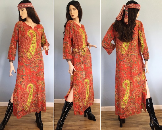 Vintage Phool Boho Kaftan Red Paisley Dress - Medi