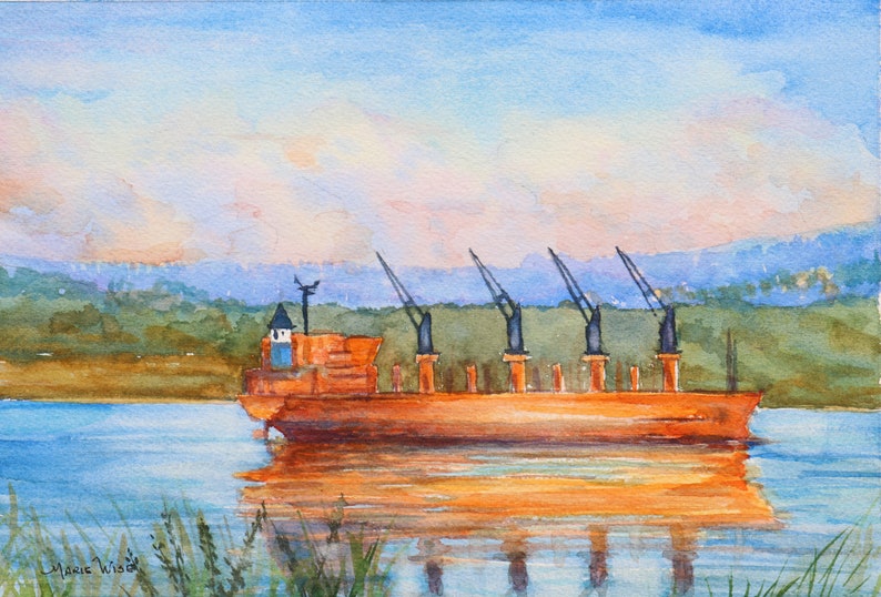 Ports Docks Nautical Painting Cargo Ship on Columbia River original watercolor painting 8 x 10 Ships