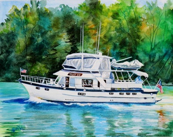 Custom Boat Painting in Watercolor, Original Boat Landscape Art, Yacht, Sailboat, Motorboat, Cabin Cruiser, Houseboat, Catamaran