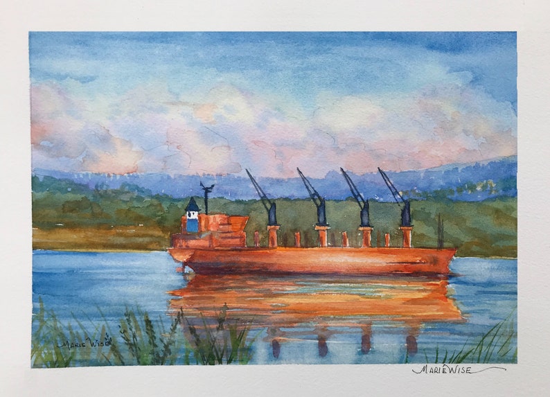 Ports Docks Nautical Painting Cargo Ship on Columbia River original watercolor painting 8 x 10 Ships