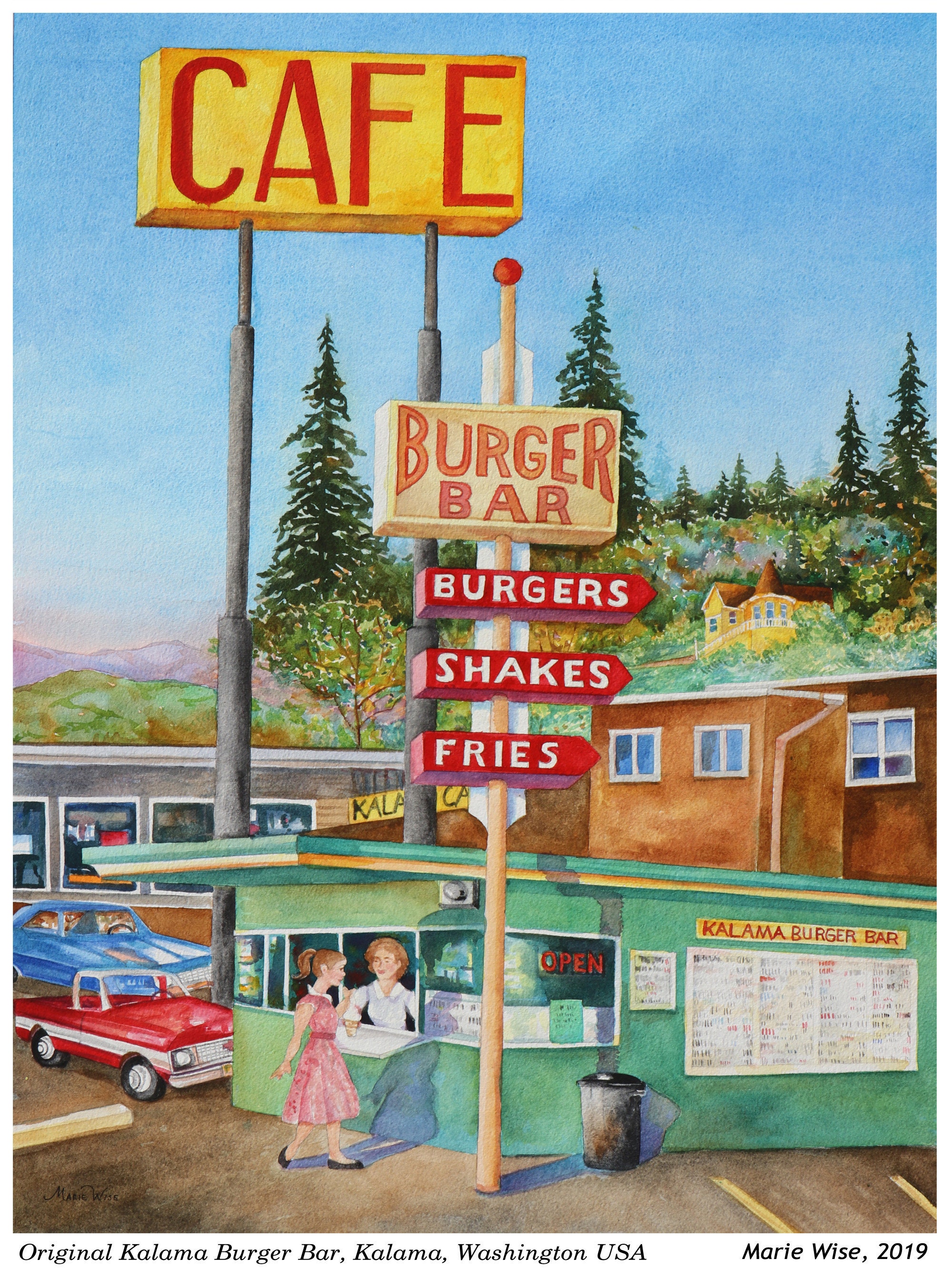 Kalama Burger Bar - Printable - Art Print - digital download of original watercolor painting