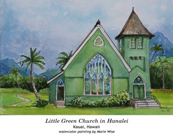Little Green Church in Hanalei - Printable - Art Print - digital download of original watercolor painting