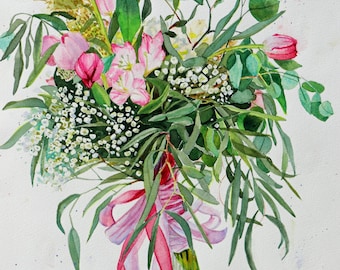 Custom Wedding Bouquet Watercolor Painting, Anniversary Gift, Hand-Painted Wedding Memorabilia Artwork