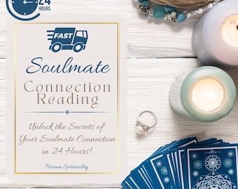 May include: A white card with gold trim and blue text that reads "Soulmate Connection Reading" with a blue truck icon that says "FAST" above the text. The text below the title reads "Unlock the Secrets of Your Soulmate Connection in 24 Hours!" and "Piscean Spirituality".