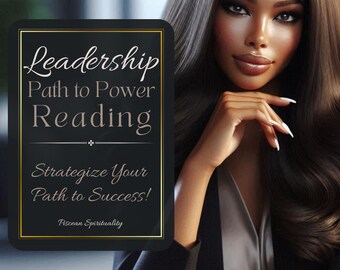 Könnte beinhalten: Eine schwarze und goldene Karte mit dem Text "Leadership Path to Power Reading" und "Strategize Your Path to Success!" mit dem Text "Piscean Spirituality" unten. Die Karte wird von einer Person mit langen schwarzen Haaren und dunkler Haut gehalten.