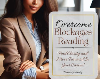 May include: A woman sits at a desk with a notepad and pen. A card with the text "Overcome Blockages Reading Find Clarity and Move Forward In Your Career! Piscean Spirituality" is in the foreground.