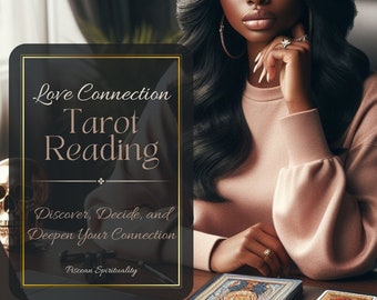 May include: A tarot card reading service with the text "Love Connection Tarot Reading Discover, Decide, and Deepen Your Connection Piscean Spirituality" on a black and gold background. A woman with long black hair is sitting at a table with a laptop and a spread of tarot cards.
