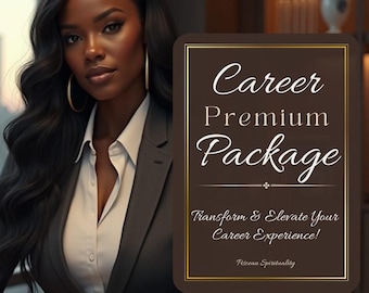 May include: A gold framed sign with brown background text that reads "Career Premium Package Transform & Elevate Your Career Experience!  Roozan Spirituality".
