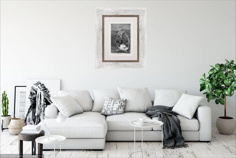 May include: A white sectional sofa with grey throw pillows and a grey throw blanket. A framed black and white photograph hangs on the wall above the sofa. A small white table with a cup and saucer sits in front of the sofa. A potted plant is on the right side of the image.