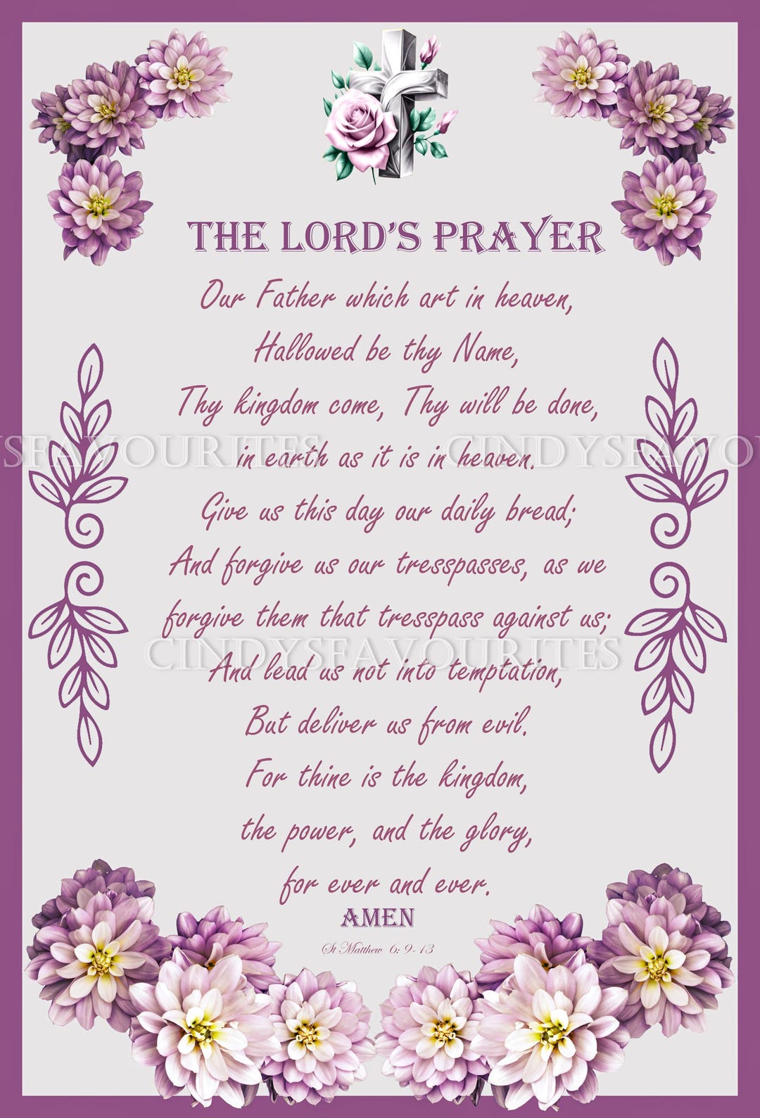 The Lords Prayer Card, Traditional Doxology - Floral Mauve Background ...