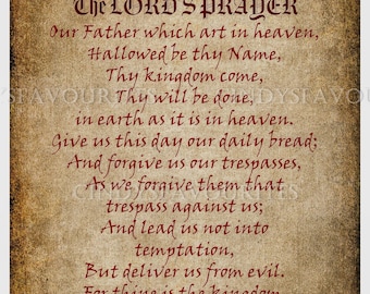 The Lords Prayer white border Traditional Doxology in red letters on papyrus background