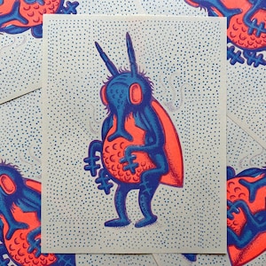 May include: A set of four blue and red insect illustrations printed on white card stock with a speckled blue background. Each insect is holding a red sphere with a white pattern.
