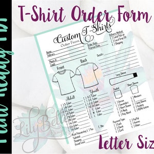 May include: A printable T-shirt order form with a light blue background and a floral design. The form includes sections for customer information, design details, sizes, colors, payment type, and delivery method. The form is letter-sized.