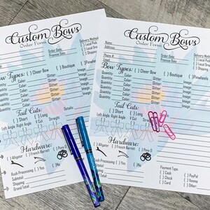 May include: A printable order form for custom bows. The form includes sections for bow types, tail cuts, hardware, rush processing, payment type, and contact information. The form is designed with a light blue background and floral accents.