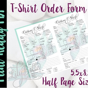 Formulario de pedido listo para imprimir camiseta personalizada 2 hasta media letra tamaño en PDF & JPG