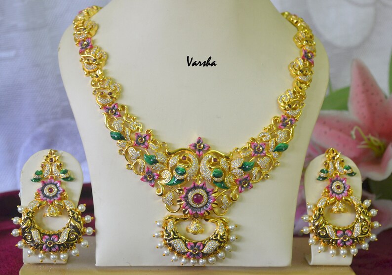 Indian Necklace Earring Set Gold CZ Long Necklace Set Long Necklace Set Peacock Jewelry Indian Bridal Jewelry|Indian Wedding Jewelry