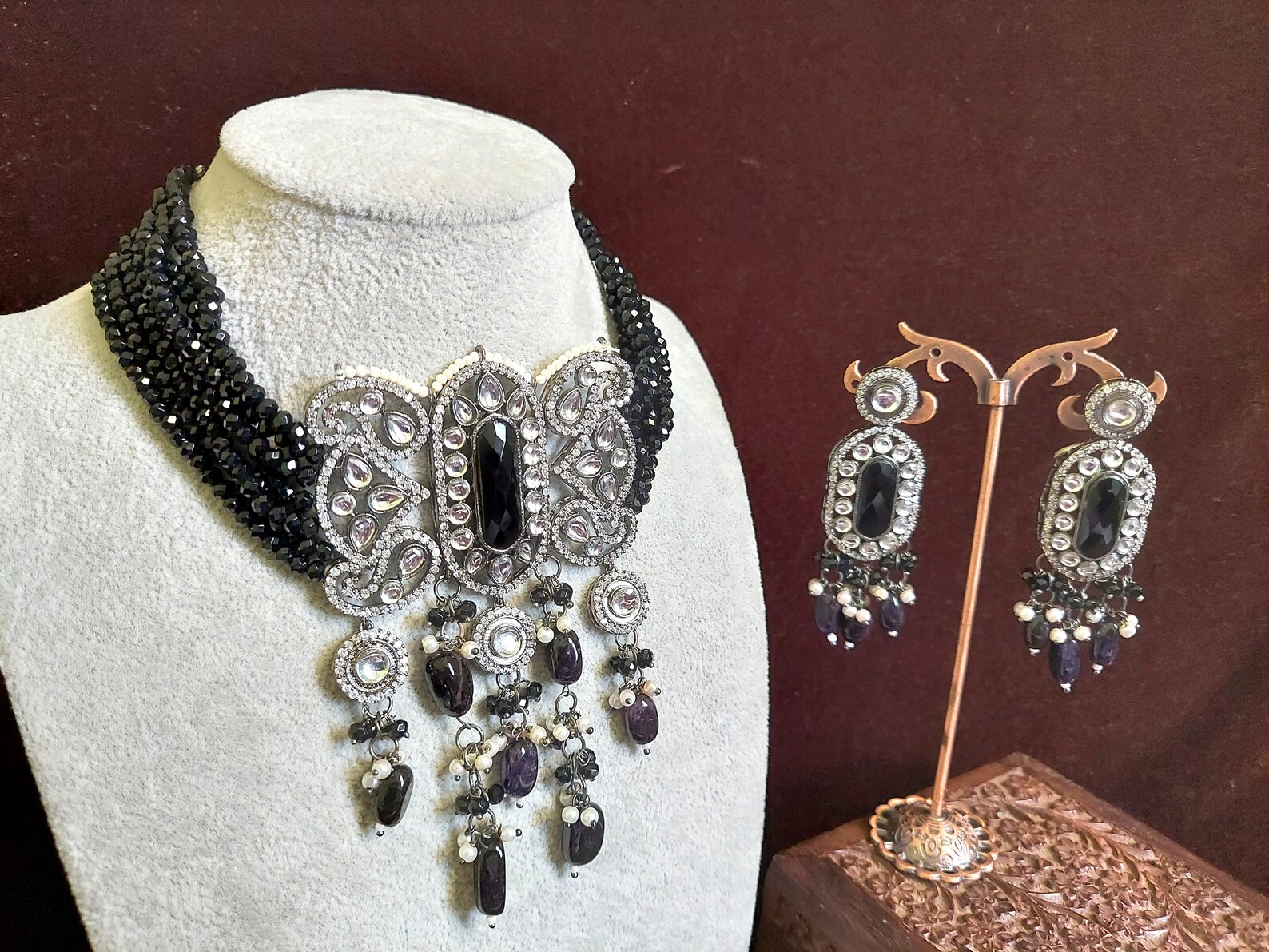 Indian Choker Black Crystal Necklace Kundan Polki Indian Etsy