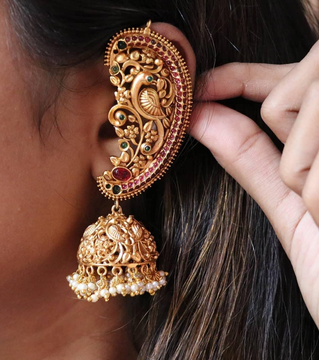 Matt Finish Premium Quality Real Kemp Red Stone Peacock Design Full Ear  Earrings Set By Online