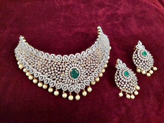 Indian Wedding Bridal AD Bollywood Pink American Diamond Choker CZ Necklace  Set