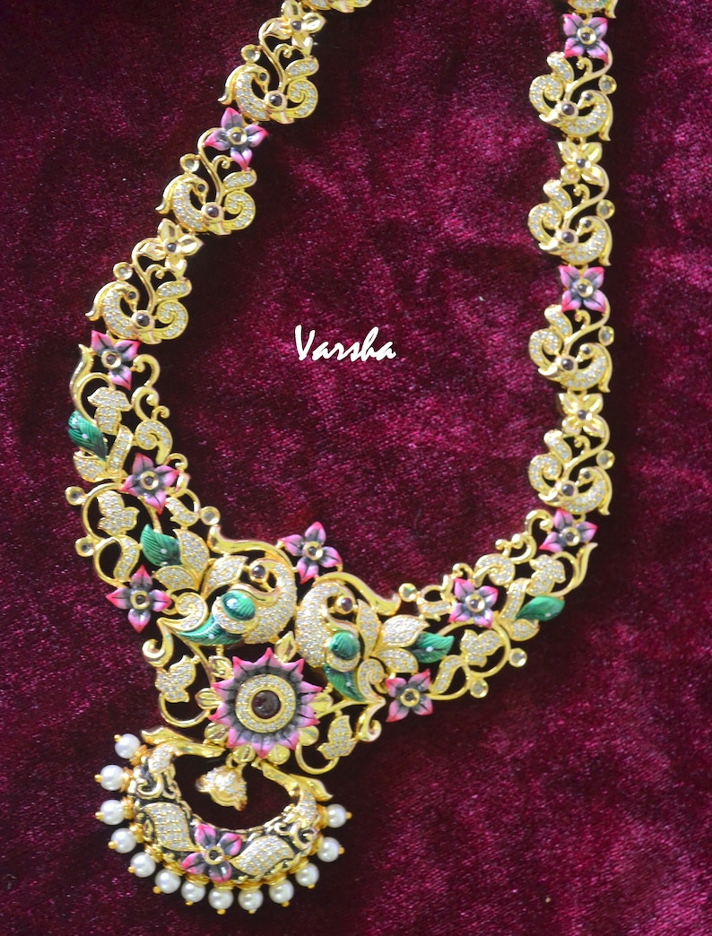 Indian Necklace Earring Set Gold CZ Long Necklace Set Long Necklace Set Peacock Jewelry Indian Bridal Jewelry|Indian Wedding Jewelry